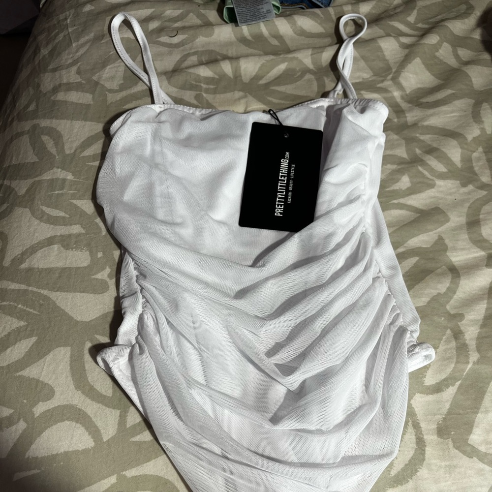 Pretty little thing white mesh ruched bodysuit